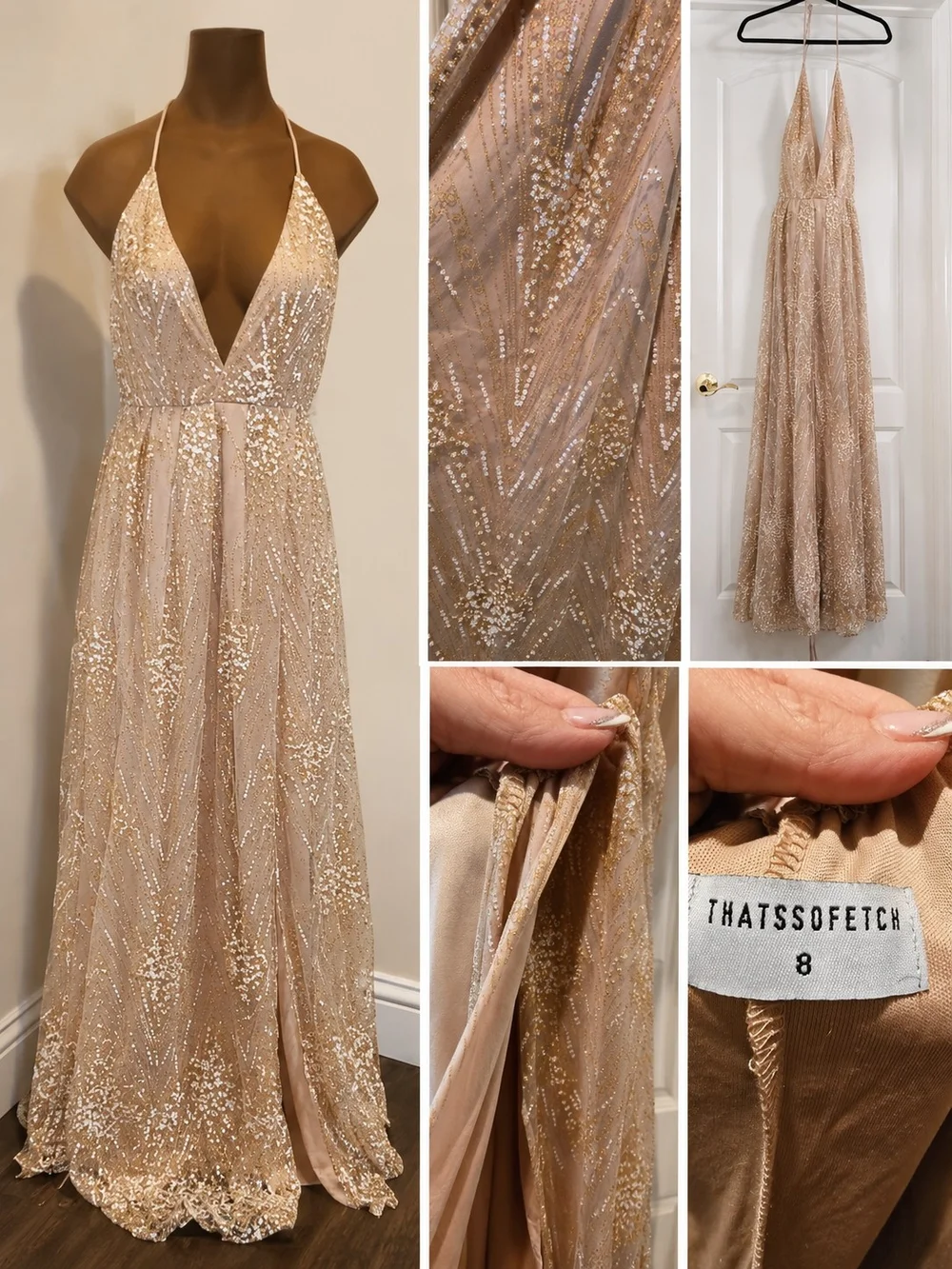 ThatsSoFetch Gold Sequin Halter Prom Dress with Deep V